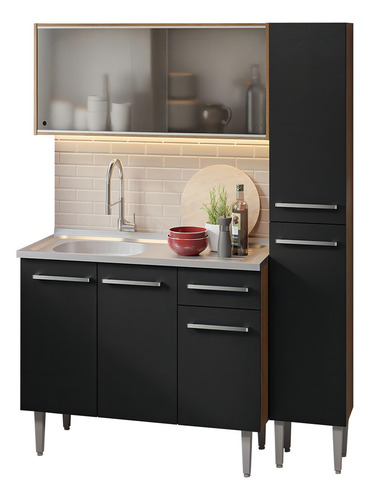 Armário Cozinha Compacta 137cm Com Pia Emilly Madesa Rp 07 Cor Rustic/Preto
