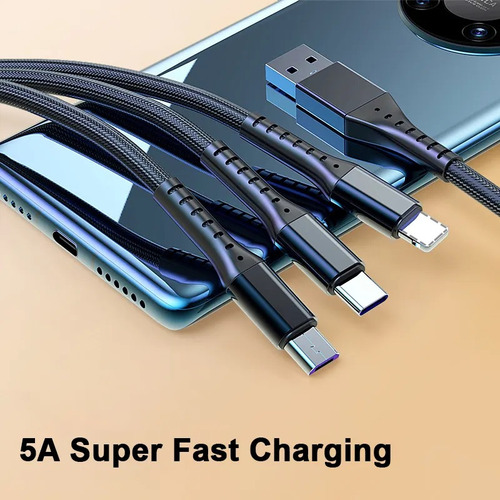 Cabo Carregador Rápido 100w 3 Em 1 Usb Tipo C 5a Micro 2m