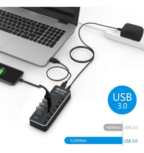 Hub Usb 3.0 Netcom Pe-hb0099 7 Usb-a 3.0 Y Alimentación 5v