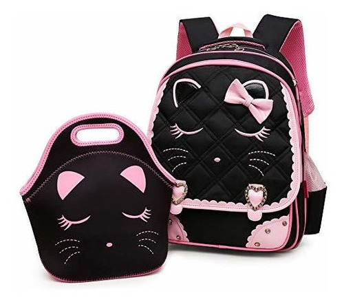 Mochila Escolar Rosa Con Gato Y Diamantes.