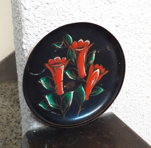 Plato Cobre Esmaltado Flores Lirios 11cm Despojador Pintado