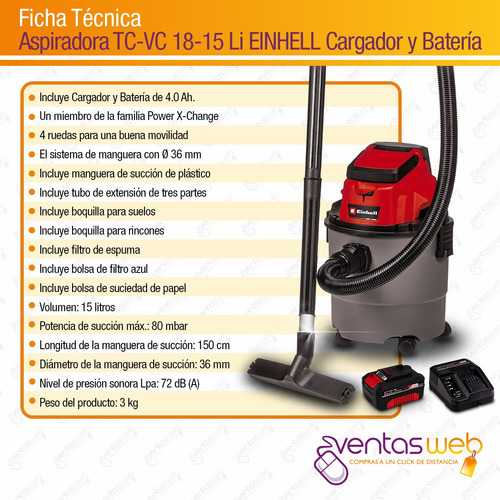 Imagen 7 de 8 de Aspiradora Inalambrica 18v Einhell Auto Hogar Bateria 4 Amp