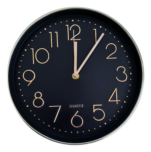 Reloj De Pared, Analógico 24 Cm, Diámetro, Pvc - 12987 Estructura Bronce Fondo Negro