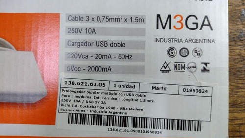 Zapatilla Prolongador 2 Usb 3 Tomas Con Cable 1,5mts Richi