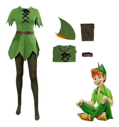 Traje De Cosplay De Anime Peter Pan, Calça Verde, Chapéu, Ro
