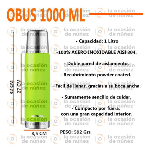 Imagen 2 de 7 de Termo Bala Waterdog 1000 Acero Inoxidable Camping Mate