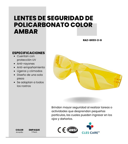 Lentes De Seguridad Ambar, Cles Care, 12 Piezas Cristal Amarillo