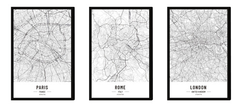 3 Cuadros Ciudades Mapa 45x30 Marco Impreso Com1 Decofactory