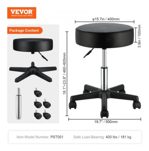Taburete Rodante Altura Ajustable Capacidad 400lbs Negro Plateado