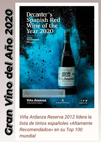 Vino Español Viña Ardanza Reserva 2012 Rioja. Zona Norte