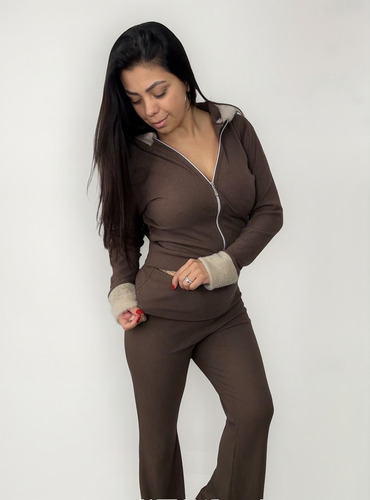 Conjunto Morley Frizado Campera + Pantalón Palazzo Peluche Marrón L