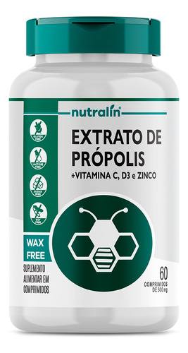 Extrato Própolis + Vitamina C/d + Zinco Nutralín 60comp.