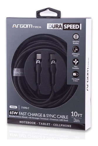Imagen 2 de 5 de Cable Tipo C A C Nylon Trenzado Negro Argom Tech 3 Metros