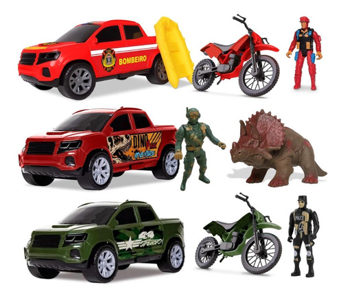 Conjunto 3 Brinquedos Barato 3x1 Soldado Bombeiro Carro Moto