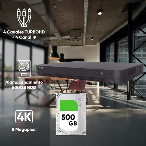 Hikvision Kit Dvr 4 Canales Turbohd + 4 Canales Ip 8 Megapixel (4k) + 500gb Hdd Ids-7204huhi-m1/s/a-500 Tecnología Acusense Con Audio Por Coaxitron 1 Bahía De Disco Duro + 4 Entradas De Alarma