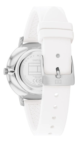 Reloj Tommy Hilfiger Mujer Pippa 1782731 Malla Blanco Bisel Plateado Fondo Azul