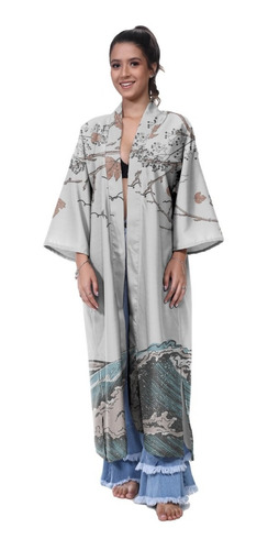 Kimono Haori Longo Oriental Dragão Oni Japonês Japão Carpa