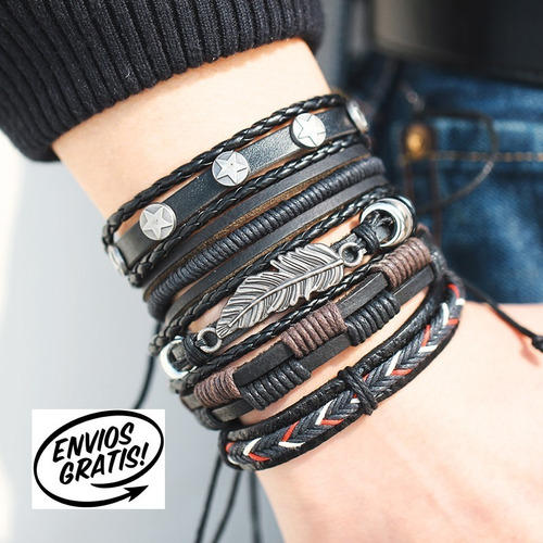 Set 5 Pulsera Manilla Brazalete De Cuero Pluma Hombre Mujer