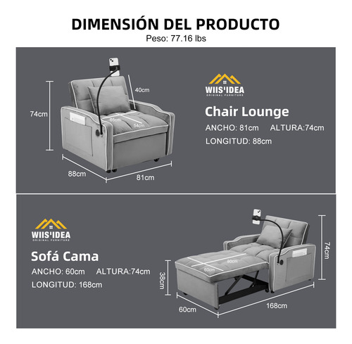 Sofá Cama Sillón Reclinable Convertible 3 En 1
