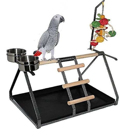 Fdc Parrot Bird Perch Table Top Stand Metal Wood 2 Steel Cup