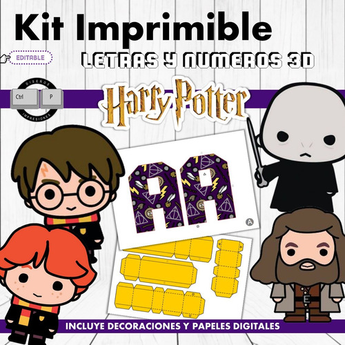 Pack Imprimible Letras Y Números 3d - Editable Harry Potter