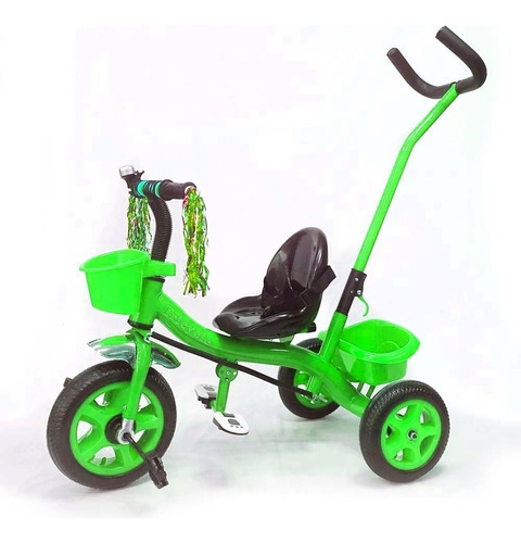Triciclo Infantil Reforzado Manija Direccional Dos Canastos Color Verde