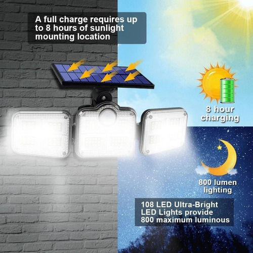 Imagen 8 de 8 de Foco Led Triple Solar Luminaria Sensor Movimiento + Control