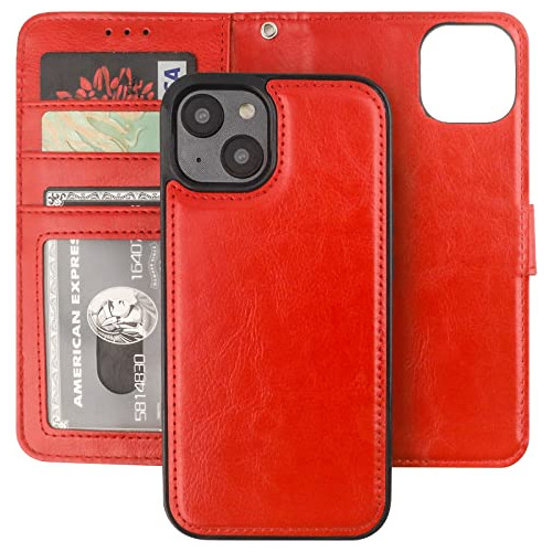 Funda Para iPhone 14 Desmontable Bloq Rfid Cuero Rojo