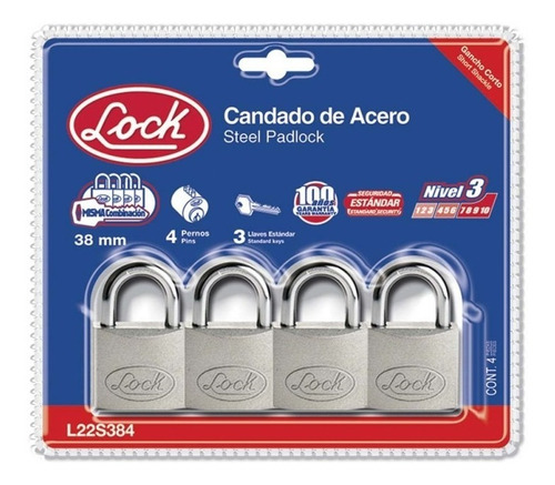 Candado De Acero Lock L22s384 Juego Con 4 Piezas 38 Mm