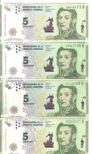 Argentina:lote 4 Billetes 5 Pesos Patria Serie  B  2015