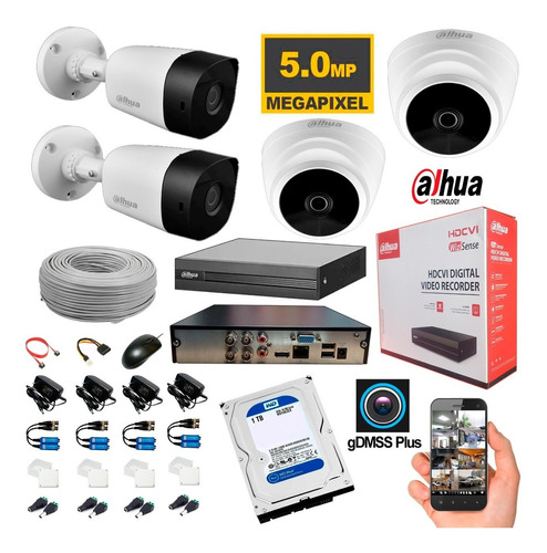 Kit Cctv 5 Megapíxeles Dahua Dvr 4 Ch + 4 Cámaras