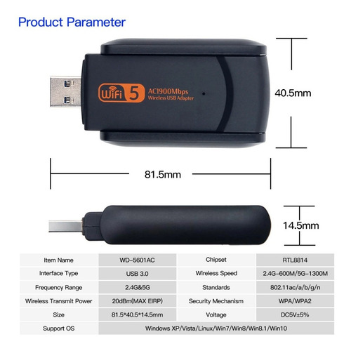 Imagem 5 de 5 de Adaptador Wifi Usb3.0 Wifi 1900mbps Dual Band Wi-fi Dongle
