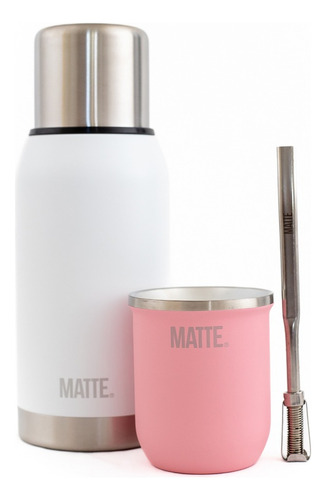 Set Termo Matte White 750cc + Mate Steel + Bombilla 