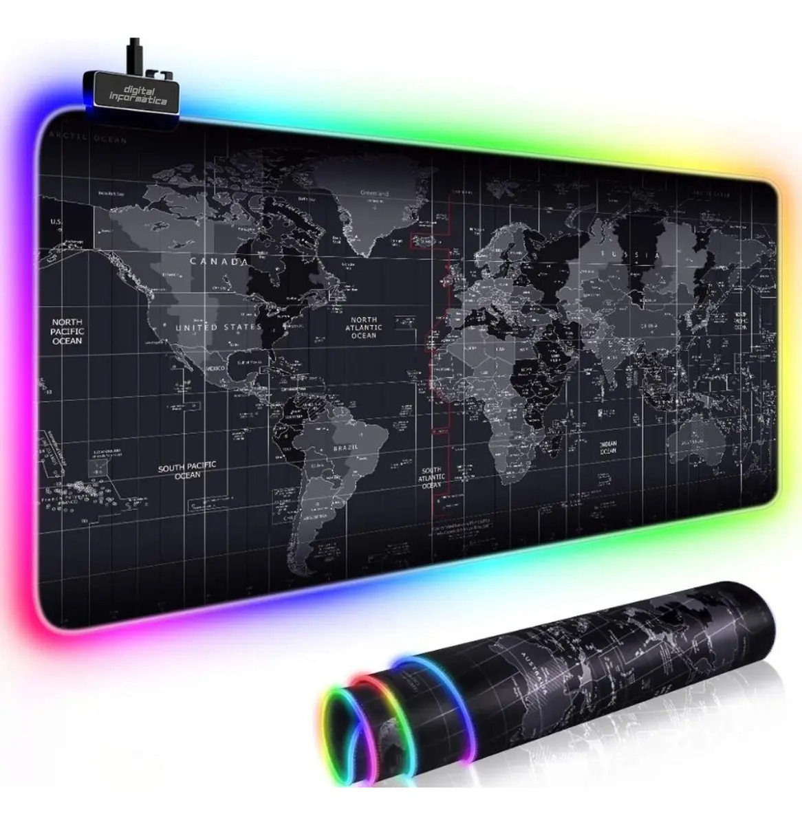 Mouse Pad Gamer Led Rgb 80x30cm Extra Grande 11 Modos Iluminação Led Profissional Speed Cor Mapa Mundi Digital Informática