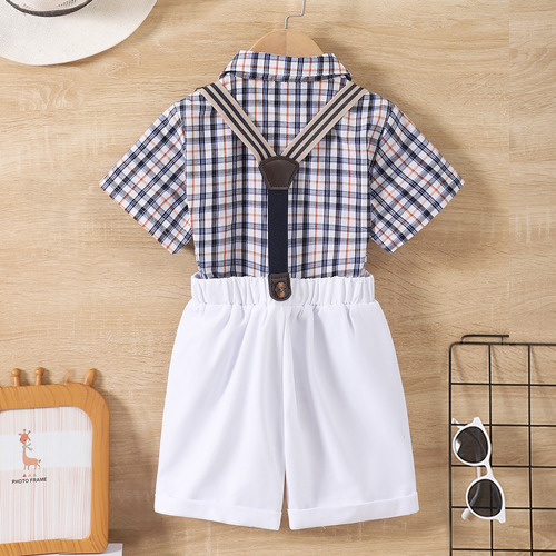 Conjunto A Cuadros Formal Para Niños Con Moño Y Tirantes Blanco 2-3 A