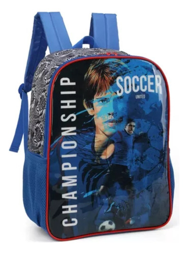 Mochila De Costas Escolar Futebol Championship Soccer Luxcel Cor Azul Desenho Do Tecido Soccer Championship