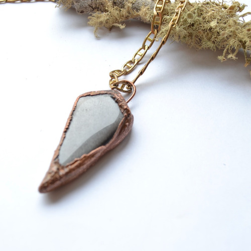 Collar Piedra Obsidiana Plateada, Cadena De Bronce, Cod1