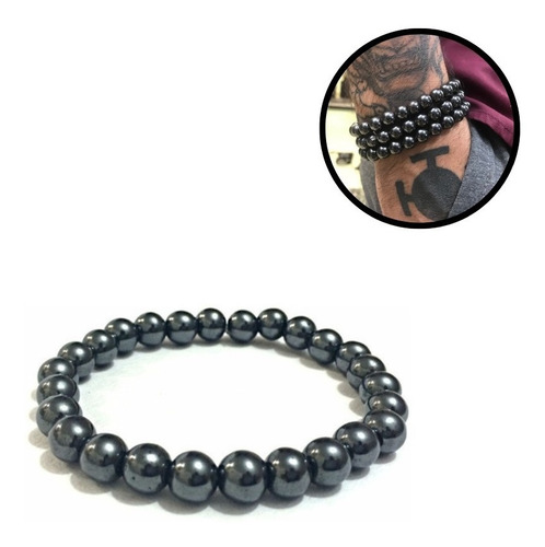 Pulseira Masculina Bolinha Pedra Hematita 8mm 3x Combo Kit Comprimento 19 Cm Diâmetro 8 Cm