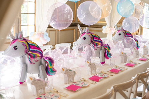 Combo Globos Cumpleaños Tematico Kit Unicornio Más Deco Mesa Rosa Unicornio Pelo Multicolor