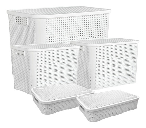 Kit 5 Caixas Rattan Organizadoras 70, 25 E 10 Litros C/tampa Cor Branco