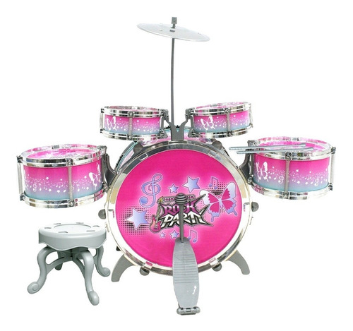 Bateria DM Toys Rock Party DMT5366 Instrumento Infantil C/ Banquinho E Pedal Cor Rosa