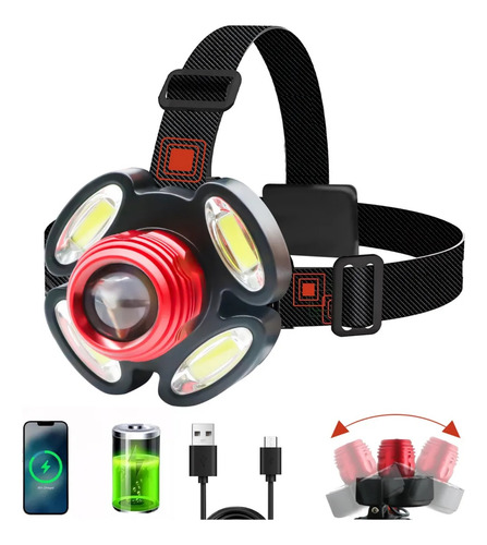 Lampara Minera 5 Led Linterna De Cabeza Recargable Headlamp Blanco Negro