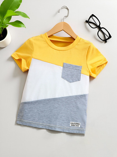 Camiseta De Manga Corta Con Cuello Redondo Y Empalme Para Ni
