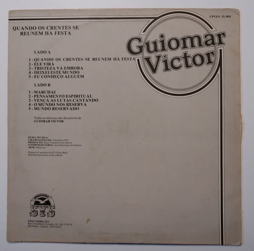 Lp Disco Vinil Evangélico Guiomar Victor Quando Os Crentes Se Reúnem Há Festa 1987- Leia A Descrição Do Produto (Usado)