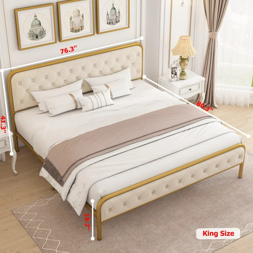 Cama Sommier Metal Dorada King Size Con Cabecera Terciopelo