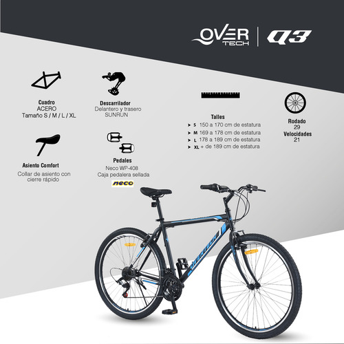 Bicicleta Mtb Overtech Q3 R29, 21 Velocidades Sunrun, Color Negro/Naranja, Tamaño del cuadro S