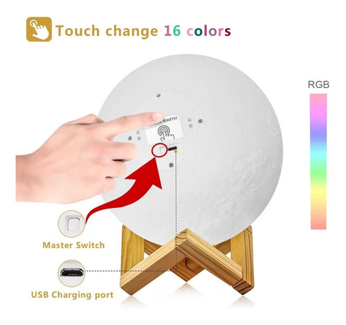 Imagen 3 de 8 de Lámparas Luna 3d Rgb Colores Táctil Y Control Remoto 15cm