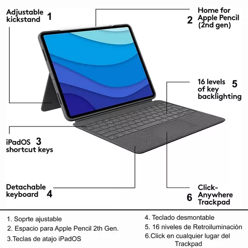 Logitech Combo Touch iPad Pro 12.9 pulgadas (5ª, 6ª generación - 2021,  2022) Funda con teclado retroiluminado desmontable con soporte, trackpad de