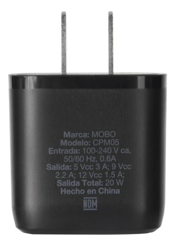 Cargador De Pared Mobo Power 1 Puerto Tipo C 20 Watts Negro