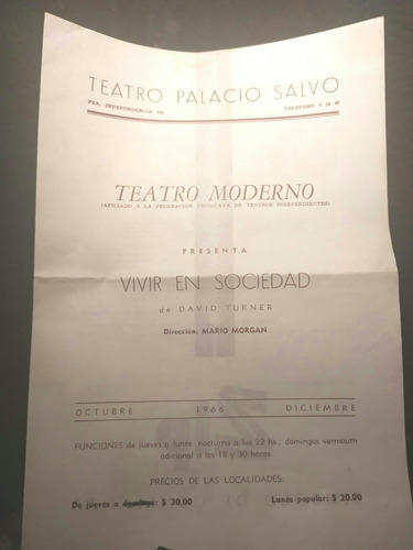 Antiguo Programa Teatro Palacio Salvo, Sano.